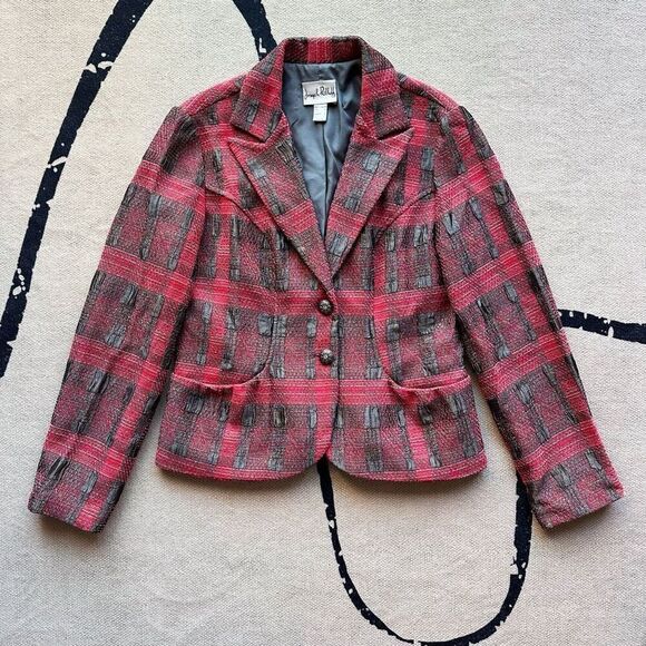 VTG Y2K Joseph Ribkoff Red Silver Plaid Blazer Veston Jacket Size 12 Canada Made - Picture 1 of 7
